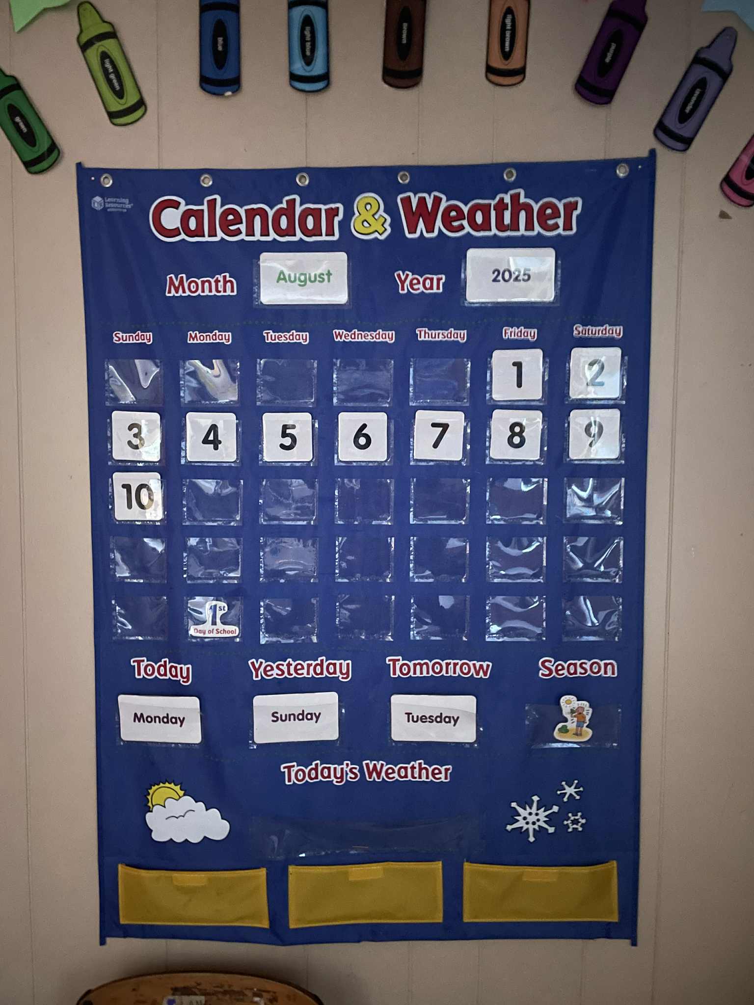 Educational calendar and weather chart with colorful crayon decorations